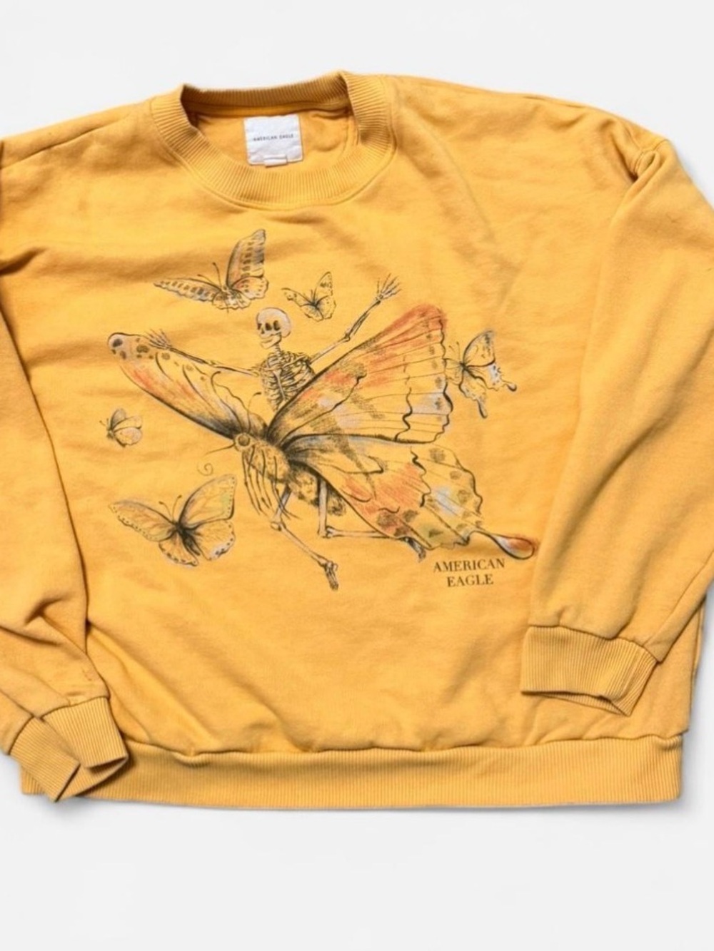 American Eagle Outfitters Women's Mustard Graphic Skeleton Butterfly Sweatshirt